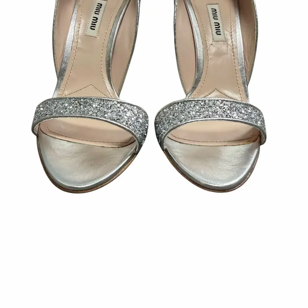 Miu Miu Swarovski Crystal Embellished Glitter Leather Sandals Size 39.5 / US 9.5 - Picture 6 of 15